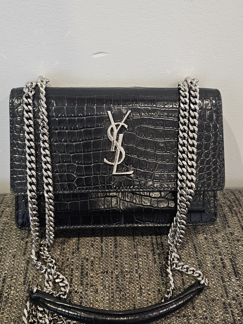 Saint Laurent Black Croc-Embossed Leather Monogram Shoulder Bag